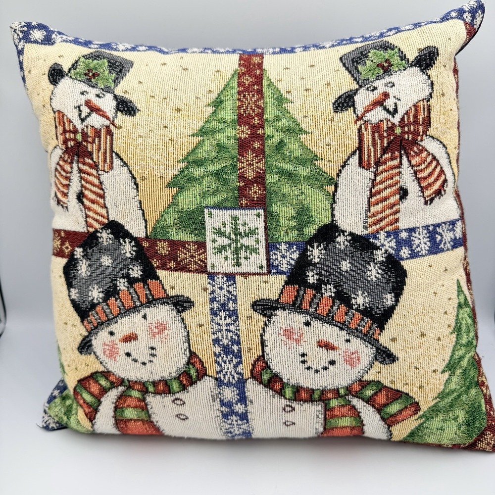 VTG Christmas Snowman Tapestry‎ Throw Pillow 15x15 Holiday Cottagecore Farmhouse